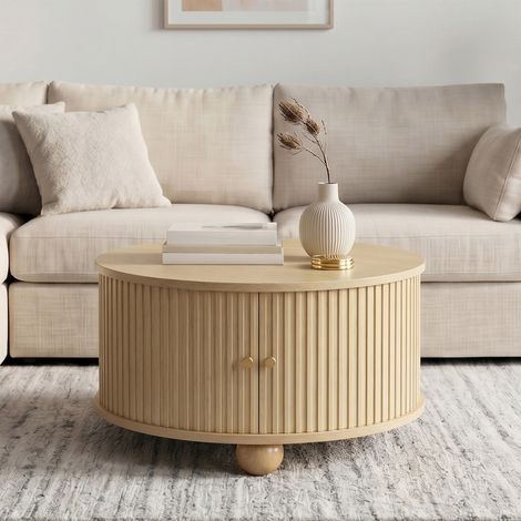 Table Basse Ronde 72x72cm -  Effet Cannelé avec 2 Portes Coulissantes et 4 Compartiments, Pieds Métalliques - Style Rétro Bois - Naturel (1/5)