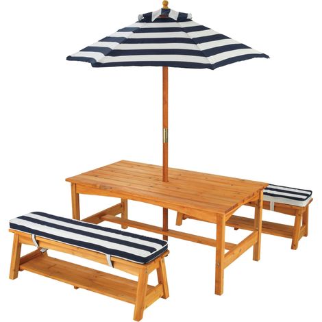 Table et Bancs de Jardin pour Enfant avec Coussins et Parasol, Salon de Jardin extérieur en Bois pour Enfants, Rayé Bleu Marine et Blanc (1/5)