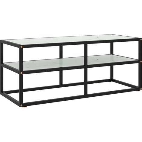 Meuble TV noir, avec plateau en verre trempé aspect marbre, 100 x 40 x 40 cm