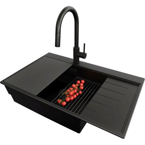 PRIMAGRAN Evier Cuisine en Granit 78x50cm,Lavabo 1 bac + Robinet 40x20cm + Kit de Vidage + Accessoires, Évier à Encastrer au meuble 60cm - Sydney, Tout Noir