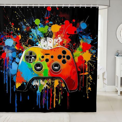 Rideau Douche 180x210cm Gamer Rideaux de Douche Consoles de Jeu Tie Dye Graffiti Rideau de Baignoire Jeu Rideaux Salle de Bain Art Abstrait Aquarelle - 180L X 210H cm (1 Panneaux) (1/5)