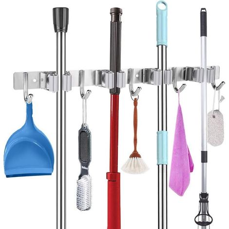 Porte-balai en acier inoxydable support mural avec 4 fentes et 5 crochets – Barre de rangement pour cuisine, salle de bains, garage, jardin – (1/5)