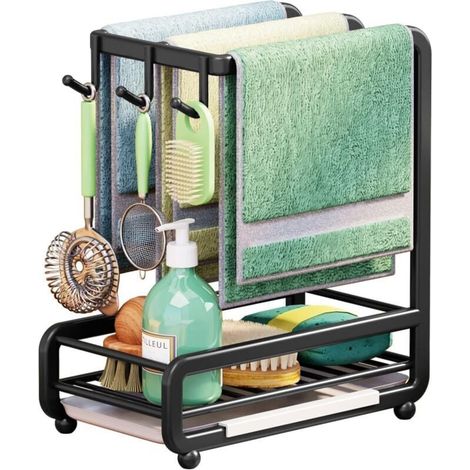 Spülbecken-Schwammhalter XU mit automatischer Abtropfschale, abnehmbarem Handtuchhalter und Aufbewahrungsbox für Spülbürsten, Küchen- und Badezimmer-Organizer - KZQ