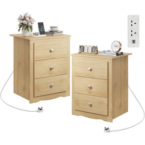 Nightstand with 3 Drawers, USB and Mains Sockets, Oak Effect (1/5)