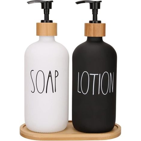Distributeur de savon pour salle de bain, distributeur de savon pour les mains et de lotion avec plateau pour salle de bain, décoration de salle de bain noir et blanc (noir et blanc) (1/4)