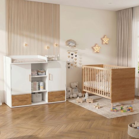 Lit bébé à barreaux avec table à langer naturel blanc HAVRYA (1/5)