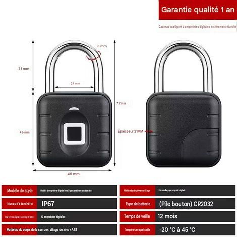 Cadenas intelligent à empreinte digitale étanche, serrure électronique antivol sans clé pour portail, casier et extérieur, cadenas connecté résistant à l’eau avec mémoire de 20 empreintes (1/5)
