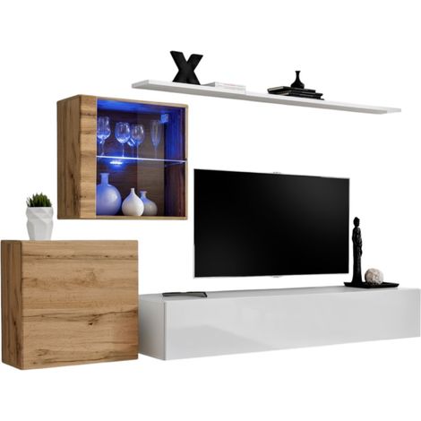 Wandkomposition SWITCH XV – TV-Möbel, hängende Würfel und Regal – Hochglanz Weiß und Wotan Eiche – Modernes Design (1/2)