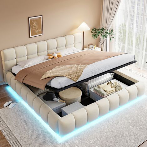 Bett Doppelbett Stauraum 180x200 Samt Beige OKMYHOME (1/5)