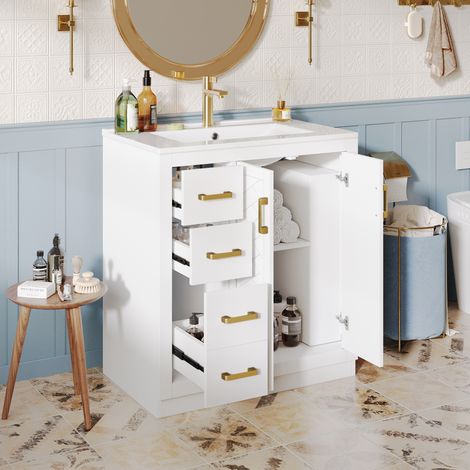 REDOM Meuble sous lavabo 76.5x46.5x84.5 cm 3 tiroirs, 2 portes, étagères ouvertes, avec vasque en céramique, MDF, blanc (1/5)