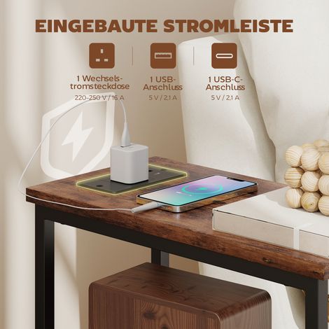 Table basse d'appoint avec station de charge, cadre en acier, 2 tiroirs en tissu, étagère ouverte, 20x40x63 cm, marron rustique (1/5)