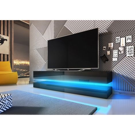 Meuble TV FLY avec LED bleu en noir brillant 140x33,8 cm