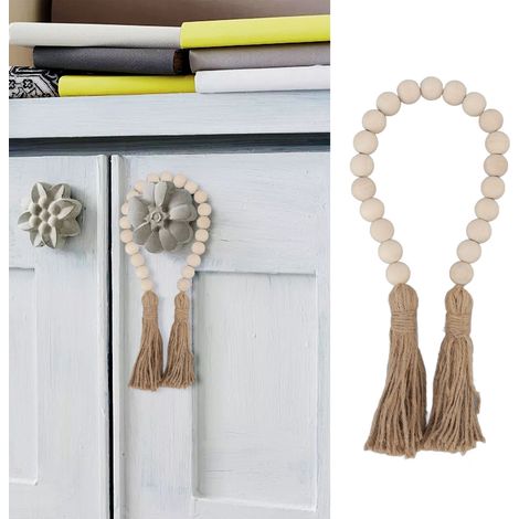 Guirlande de Perles en Bois Naturel Fait Main - Décoration Murale avec Franges, Idée Cadeau Déco