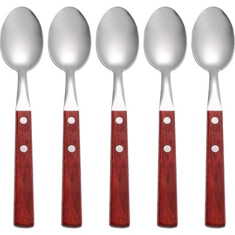 Lot de 5 cuillères à dessert en acier inoxydable avec manches en bois (couleurs assorties)-20.00X3.80X1.20CM-Red (1/3)