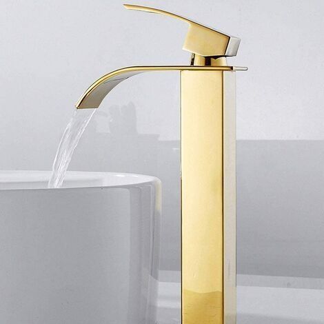 Robinet salle de bain lavabo haut cascade bec pour vasque,Mitigeur eau froide et chau moderne carré chromé trou simple (1/5)