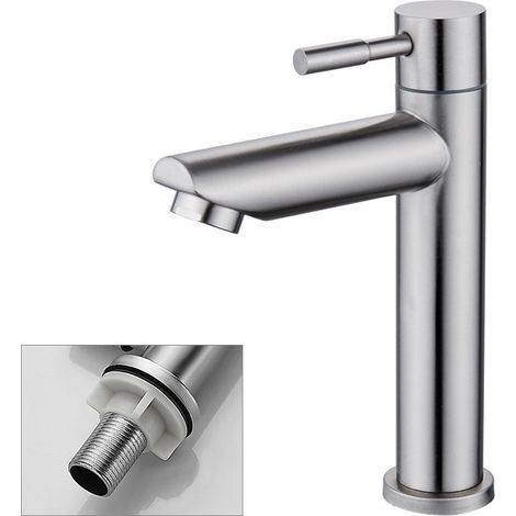 Robinet de Salle de bain, Acier Inoxydable Brossé Simple Froid Lavabo Robinet Eau Type Clé pour la Maison Cuisine Salle de Bains (1/4)