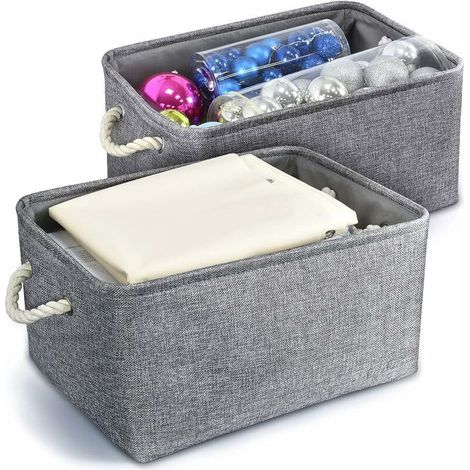 Paniers de Rangement Pliable en Tissu de Lin Coton avec Poignées Tissées, Boîte de Rangement pour Bureau Maison Jouets Organisateur 2 Pièces (Gris, M: 36x26x16cm)-- (1/5)