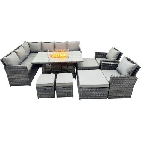 Fimous 12 Seat Poly Rattan Outdoor Patio Gas Firpit Dining Table Corner Sofa Set with 4 Stool 2 Chairs for Garden Backyard Dark Grey Mixed (1/5)
