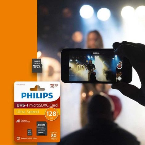 Carte Mémoire Philips Micro SDXC 128Go Ultra Speed Vitesse de Lecture jusqu'à 80Mo/s, A1 Fast App Performance, V10, avec Adaptateur (1/4)