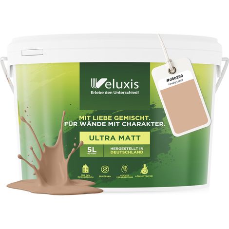 Wandfarbe Beige Braun Orange Matt Innenfarbe – Deckkraft Klasse 1, VOC-frei, Ohne Grundierung, Tropfarm – Wohnzimmer & Schlafzimmer – 5L – Veluxis (Lovely Lentil)
