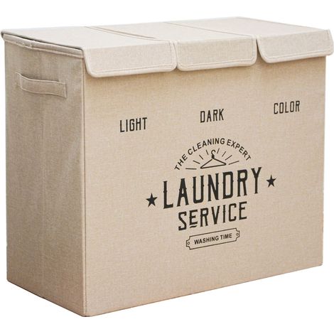 Dunedesign – Panier à linge 3 compartiments – 84L – Bac à linge pliable avec couvercles – Poignées de transport – Intérieur hydrofuge