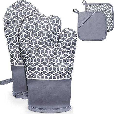 Ensemble de gants isolants pour four à micro-ondes (2 dessous de plat gris géométriques en époxy (sachet OPP) + 2 gants gris géométriques en époxy (sachet OPP))