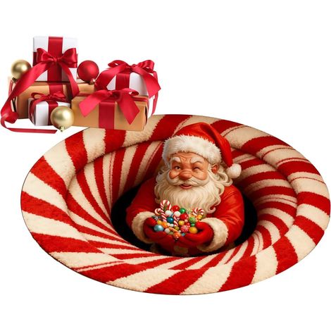 Tapis de Sol de Noël Antidérapant Rond Tapis De Sol Rond 3D Avec Père Noël Pour Salon Entrée Bureau Dortoir Appartement Ferme Décorations de Fête d'Hiver en (1/5)