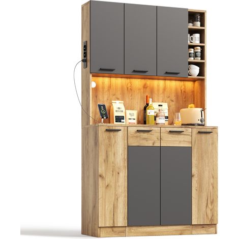 Buffet Haut de Cuisine avec 4 Tiroirs, Étagères Réglables, LED et Prises, en MDF Noir Naturel, 100 x 40 x 180 cm (1/5)
