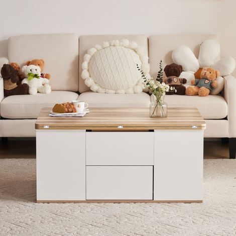 Table basse relevable multifonction plateau double ouvrant, table 2 en 1 blanc et bois (1/5)