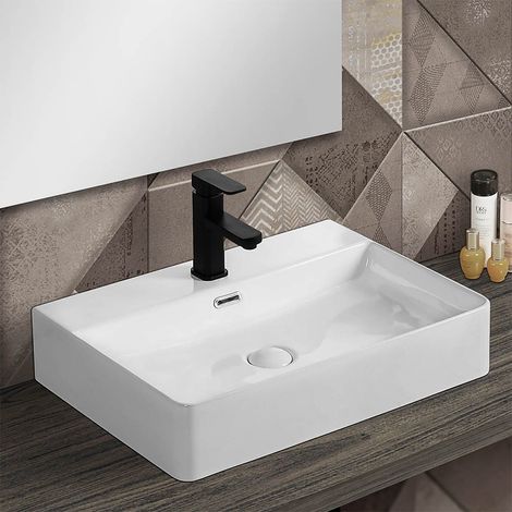 Lavabo da appoggio in ceramica rettangolare 60x42 cm bianco lucido (1/4)