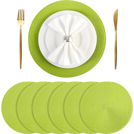 Lot de 6 napperons ronds tissés, napperons de table pour table de jardin et de salle à manger, intérieur et extérieur, 38 cm (Vert pois) (1/5)