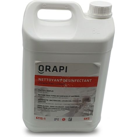 ORAPI - Nettoyant désinfectant - 5 kg - 5 L - Réf 6115-1 - Prêt à l'emploi - Sans alcool ni parfum - Virucide bactéricide fongicide - Contact alimentaire - DLU 31/10/2026 - Voir photos pour détails (1/5)