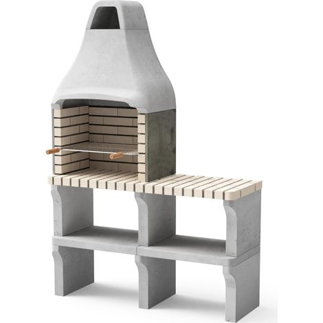 MOVELAR - Barbecue préfabriqué à bois et charbon en béton réfractaire modèle New Iberia Plus XL avec évier et support latéral (Gris, Beige - 128 x 47 x 190 cm) REF: M00467 - Cuisine extérieure jardin (1/2)