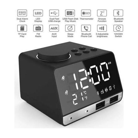 Radio Réveil Numérique,Haut-Parleur Bluetooth,Double alarmes,2 Port USB,AUX Carte TF,Disque U,Affichage Thermomètre Chambre (1/4)