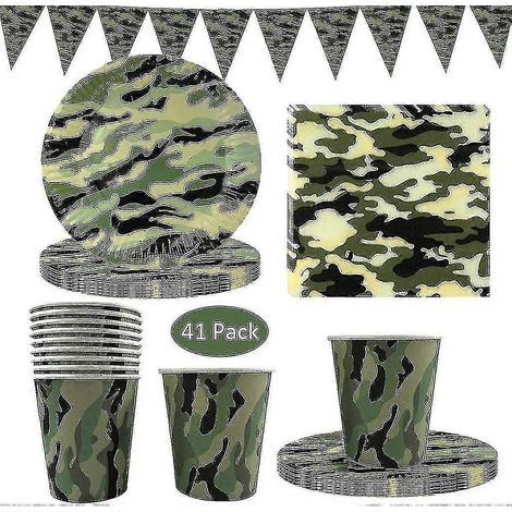 Ensemble de 41 pièces de vaisselle jetable à motif camouflage, articles de fête à motif camouflage comprenant assiettes, gobelets, serviettes et banderoles triangulaires. (1/4)