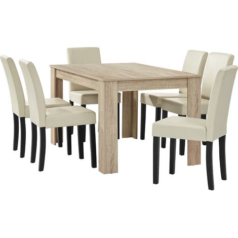 Set Pranzo con Tavolo 140x90 cm e 6 Sedie in Similpelle - Effetto Rovere Chiaro / color Crema [en.casa]