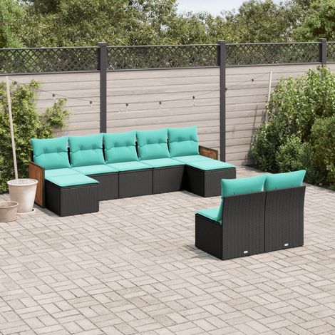 9-teiliges Gartensofa-Set mit Kissen, schwarzes Polyrattan (1/5)