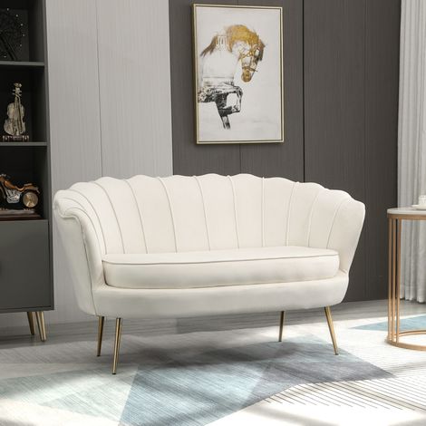 Divano 2 posti in velluto con braccioli, 130 x 77 x 77 cm, acciaio, crema, OKWISH