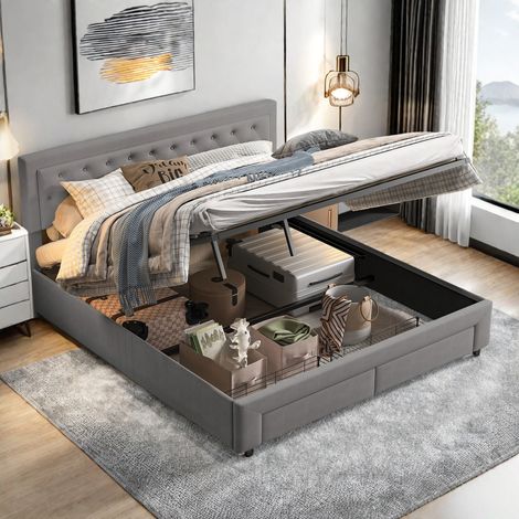 Lit coffre 180 x 200 cm, lit 180x200 avec sommier, lit double, avec 2 tiroirs, cadre de lit, avec tete de lit, Gris, velours (1/5)