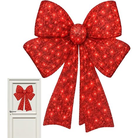 Grande Couronne de Noël éclairée avec nœuds Rouges de Noël. Décoration de Noël pré-éclairée pour l'extérieur, porche, porte d'entrée, patio, cour, (1/5)