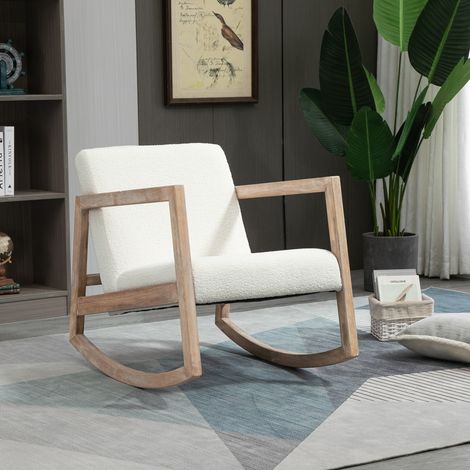 Fauteuil à bascule allaitement en tissu laine bouclée, pieds en bois hévéa, pour chambre et salon, blanc crème, 60 x 81 x 71 centimètres