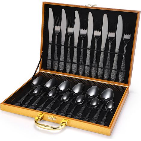(Ensemble de 24 pièces - noir) Ensemble de couverts en acier inoxydable (couteau, fourchette, cuillère, cuillère à café)