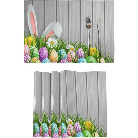 Ostern Platzdeckchen 6er Set Osterhasenohren Blumen Holz Tischset Tischsets Tischsets für Esszimmer Küche Tisch Abwaschbar (1/5)