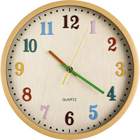 Horloge murale éducative pour enfant - 30 cm - Avec chiffres 3D - Sans bruit de tic-tac - Horloge murale colorée - Aspect bois - Pour garçons et filles - Décoration pour chambre d'enfant (1/5)