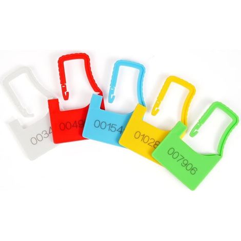 Lot de 100 scellés de sécurité en plastique (type cadenas), numérotés séquentiellement, avec code-barres et rondelle, disponibles en 5 couleurs. (1/5)