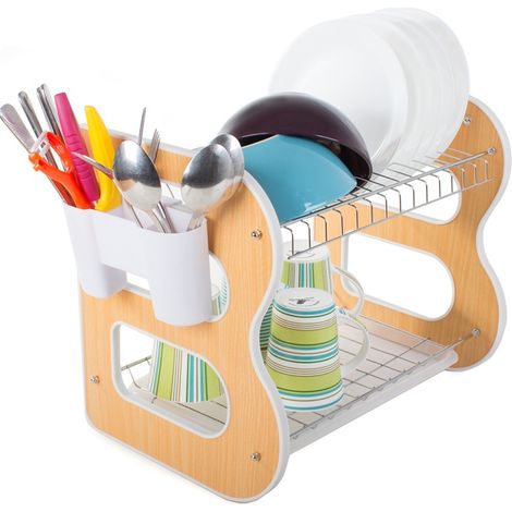 Égouttoir à vaisselle à 2 niveaux avec range-couverts, en métal et plastique, gain de place pour le plan de travail. (1/5)