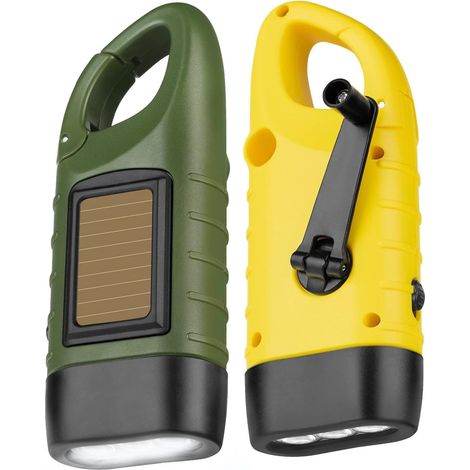 Lot de 2 lampes de poche LED à manivelle rechargeables - Lampe de poche solaire LED - Lampe de poche à manivelle - Étanche - Lampe de secours - Portable - Jaune et vert