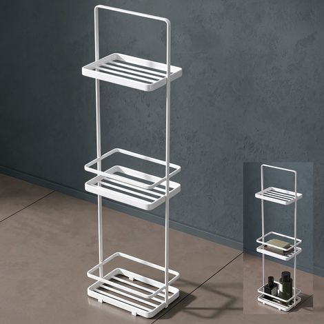 doporro Duschablage ohne Bohren, 3 Ebenen Badregal Stehend, Duschregal Schmales aus Metall, Modernes Design für Badezimmer und Toilette, Weiß
