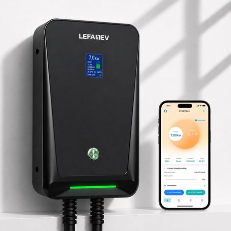 Wallbox 7KW Single Phase with App, 32A Type 2 Charging Station for EV, IP67 Waterproof, 6M+1M Cable, LCD Display, Adjustable Current [8-32A], EV Charger for Home and Outdoor Use (1/5)
