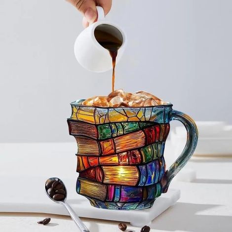 3D bemalte Glas-Buchtasse (kein Harz) für heiße und kalte Getränke – Kaffeetasse mit Bibliotheksmotiv, Geschenk für Buchliebhaber, Schriftsteller – bunt, hitzebeständig und bruchsicher (A)